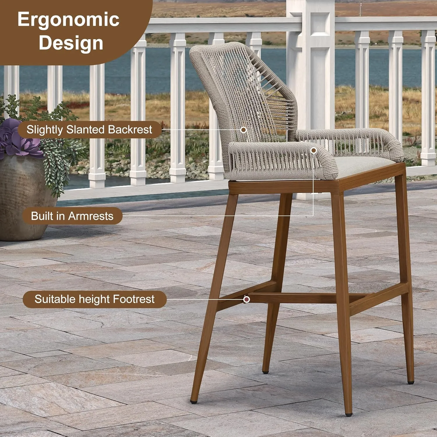 PURPLE LEAF 2 Pieces Bar Stools Patio Modern Rattan Barstools Aluminum Woven Tall Bar Chairs with Cushions for Outdoor Kitchen Island Garden