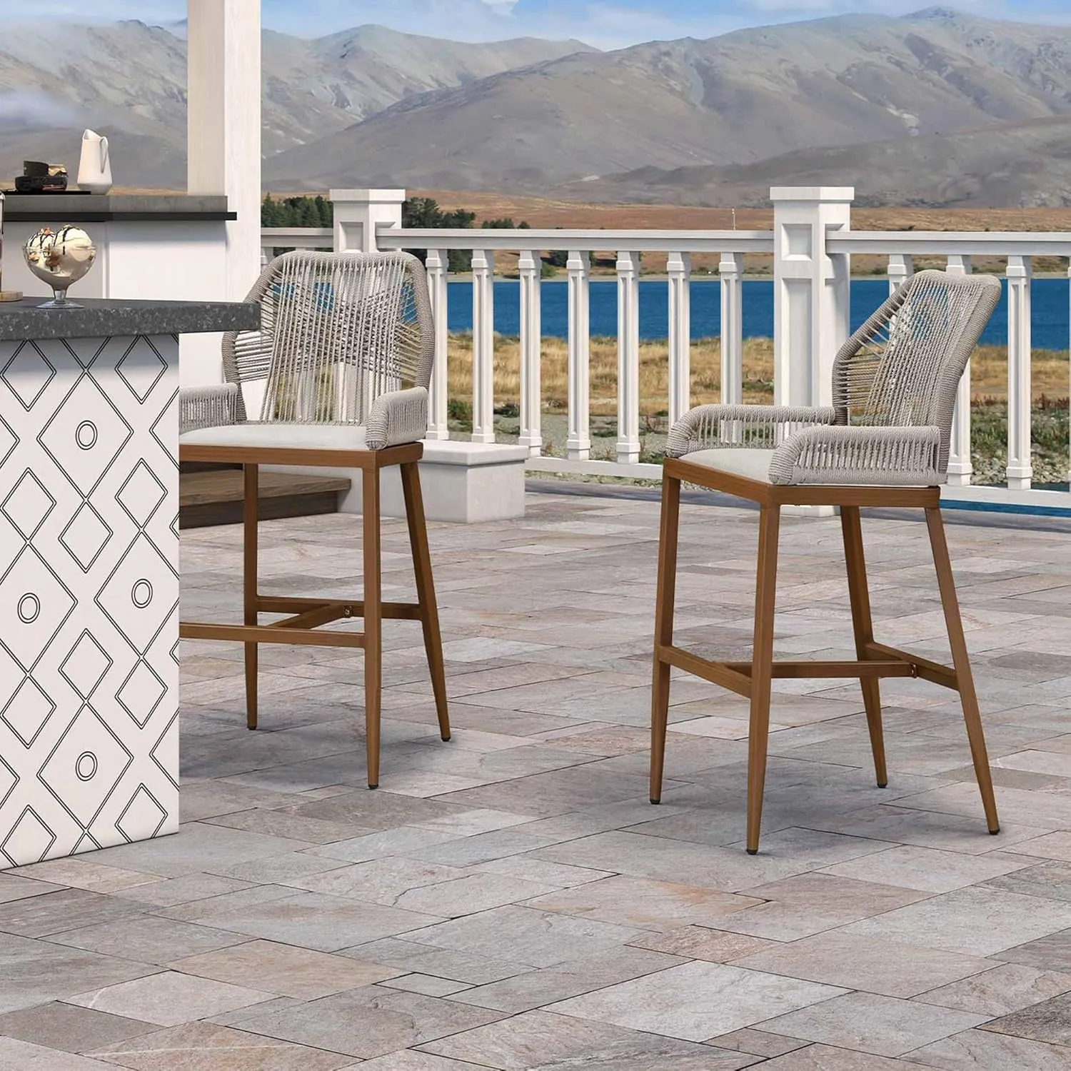 PURPLE LEAF 2 Pieces Bar Stools Patio Modern Rattan Barstools Aluminum Woven Tall Bar Chairs with Cushions for Outdoor Kitchen Island Garden