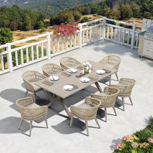 PURPLE LEAF 9 Pieces Outdoor Dining Set All-Weather PE Rattan Outdoor Patio Furniture Set with All Aluminum Frame Rectangular Table and Chairs Set for Lawn Garden Backyard Deck, Champagne