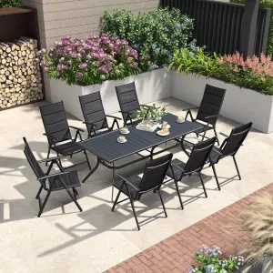 PURPLE LEAF 9 Pieces Outdoor Patio Dining Set with 8 Folding Portable Chairs and 1 Rectangle Aluminum Table, Foldable Adjustable High Back Reclining Chairs with Soft Cotton-Padded Seat, Black