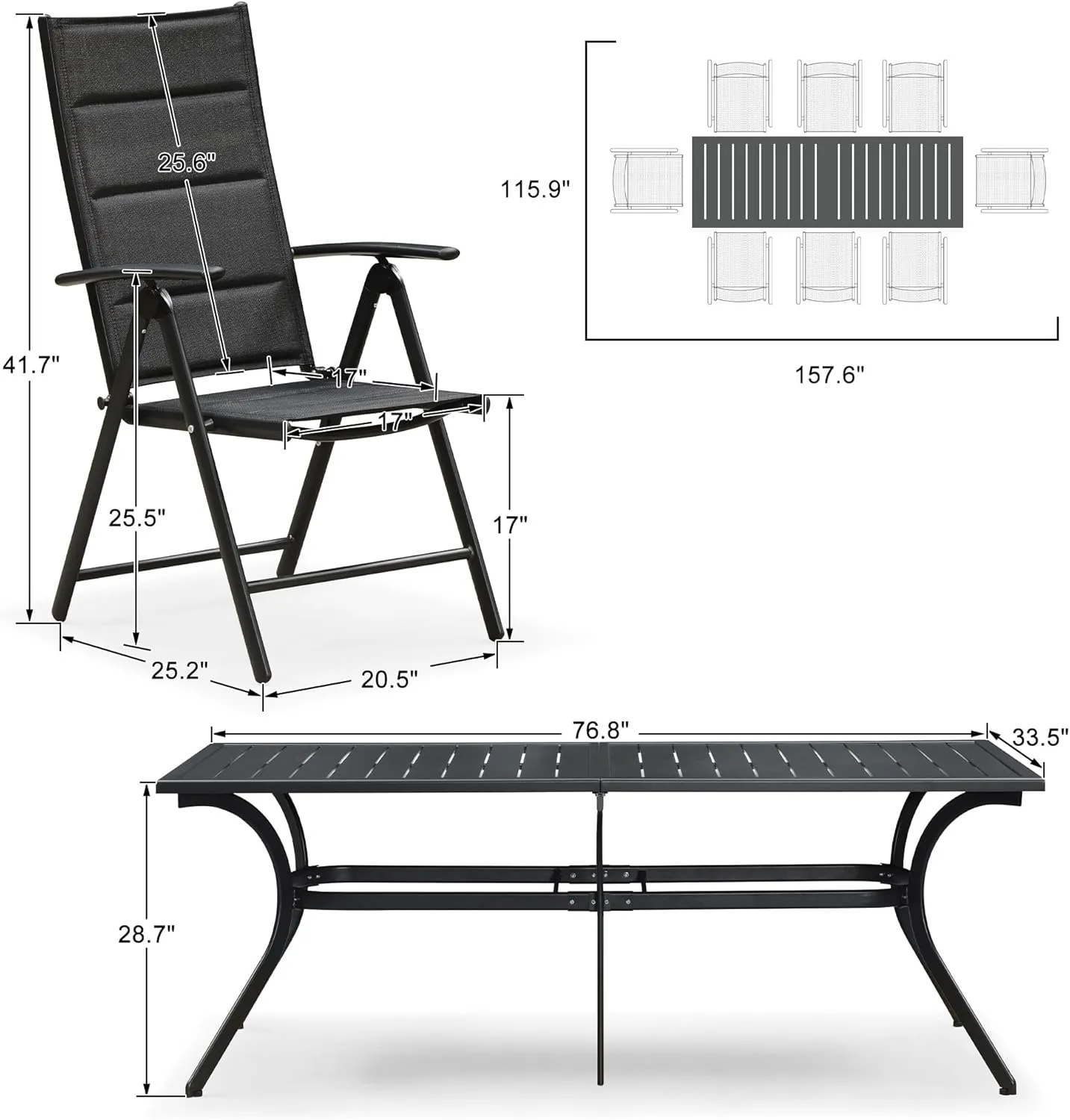 PURPLE LEAF 9 Pieces Outdoor Patio Dining Set with 8 Folding Portable Chairs and 1 Rectangle Aluminum Table, Foldable Adjustable High Back Reclining Chairs with Soft Cotton-Padded Seat, Black