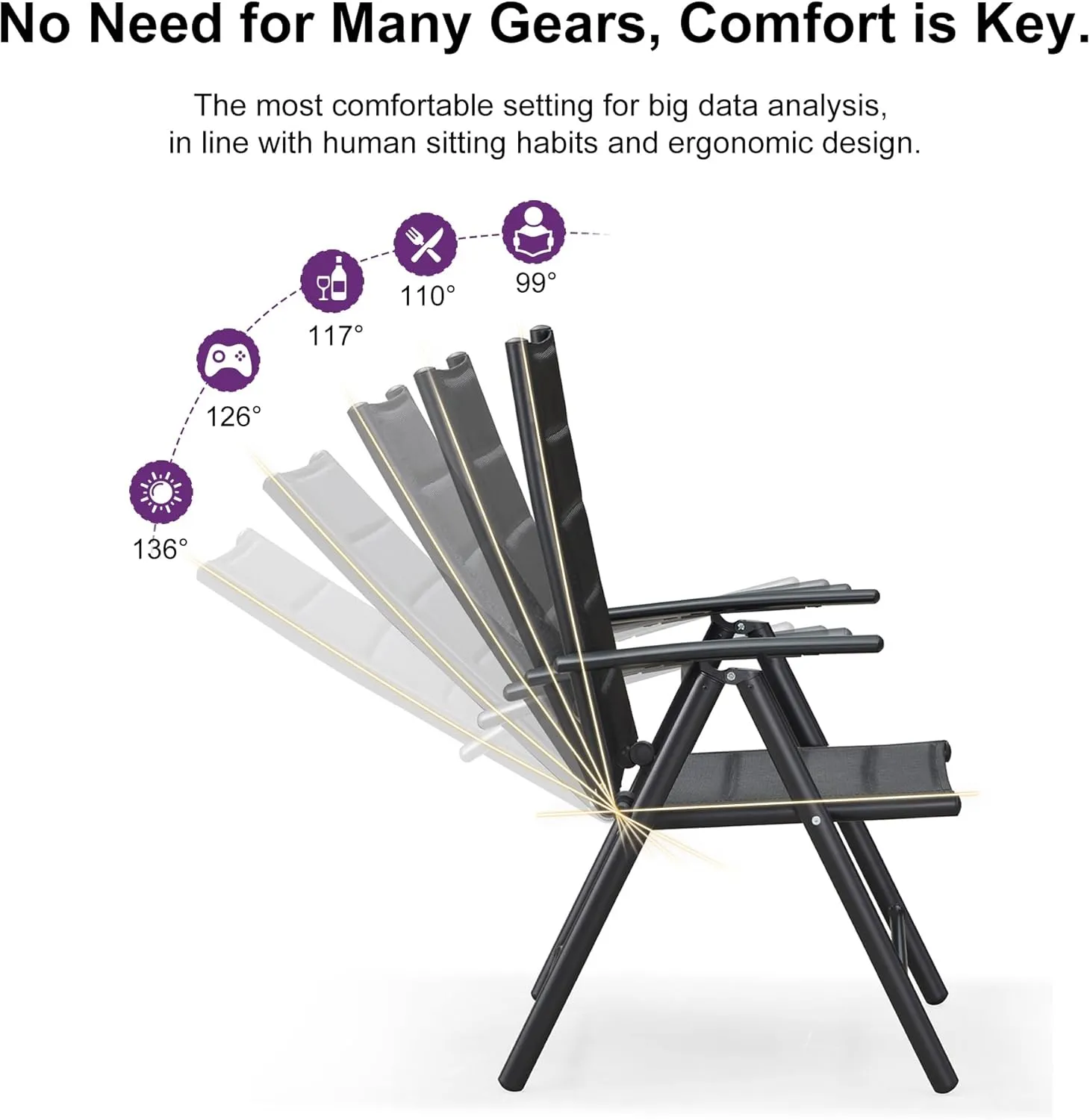 PURPLE LEAF 9 Pieces Outdoor Patio Dining Set with 8 Folding Portable Chairs and 1 Rectangle Aluminum Table, Foldable Adjustable High Back Reclining Chairs with Soft Cotton-Padded Seat, Black