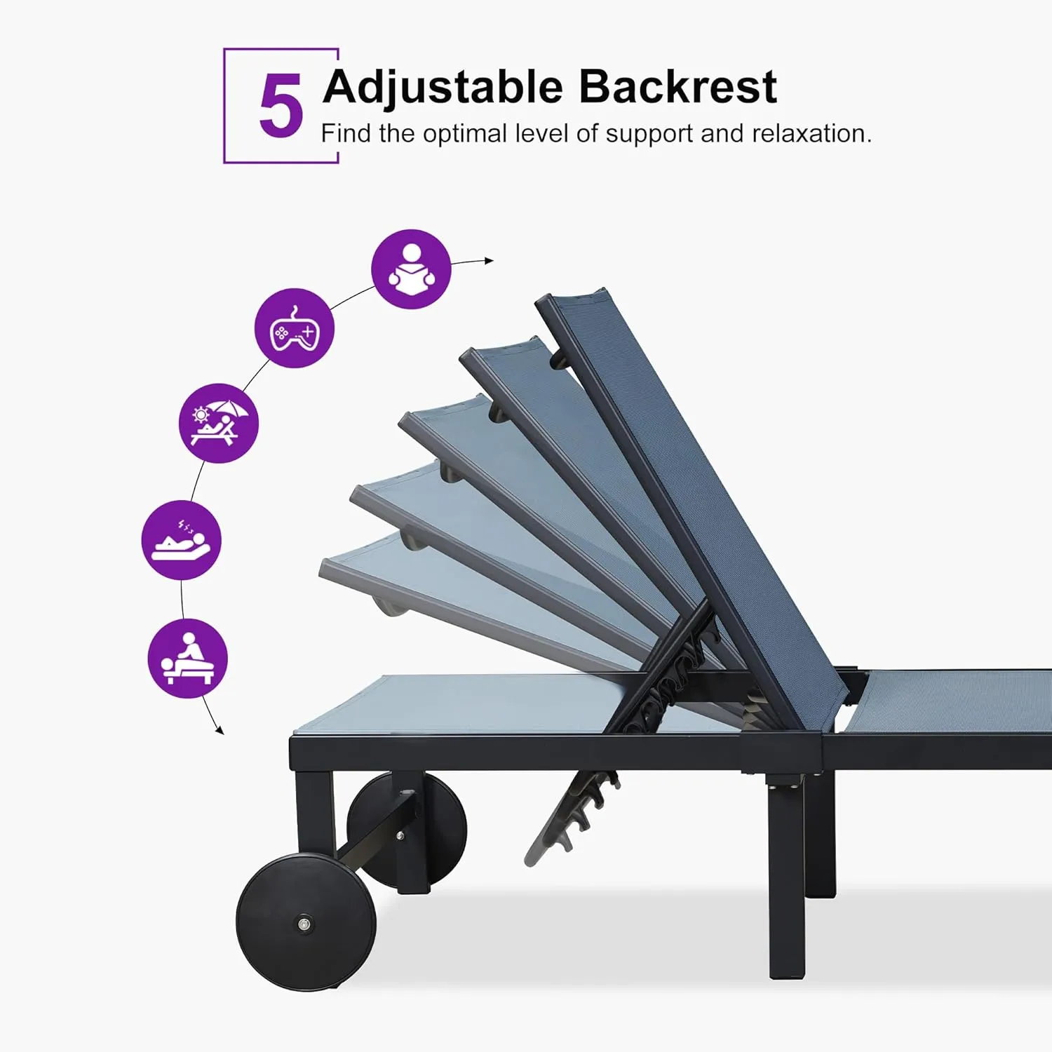PURPLE LEAF Outdoor Chaise Lounge Chairs Set Recliner Adjustable Chair with Wheels and Table for Poolside Beach Patio Aluminum Reclining Sunbathing Lounger, Indigo