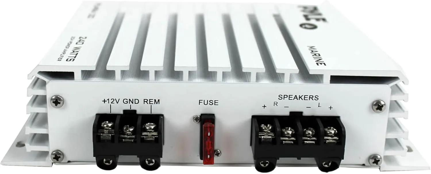 Pyle Hydra Marine Amplifier - Upgraded Elite Series 240 Watt 4 Channel Audio Amplifier - Waterproof, 4-8 Ohm Impendance, GAIN Level Controls, RCA Stereo Input & LED Indicator (PLMRA120)