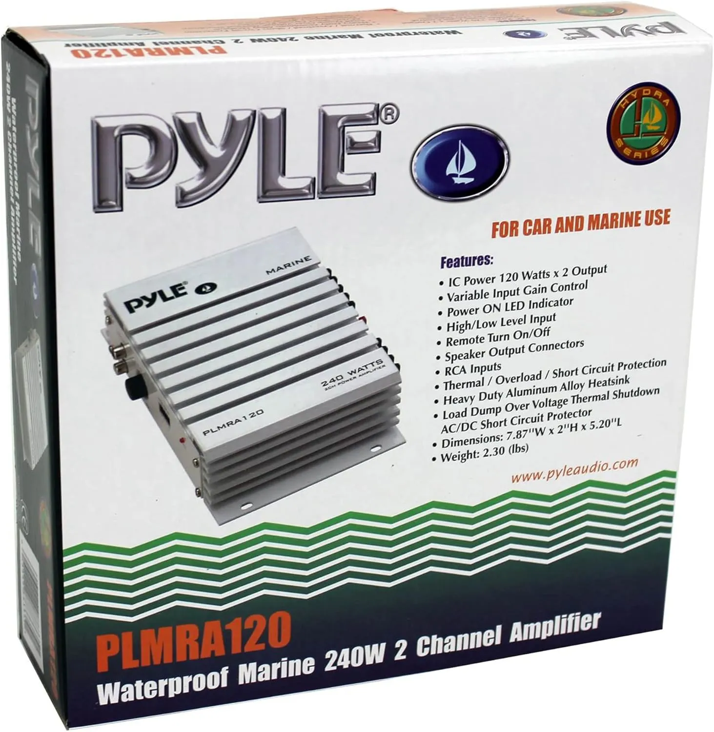 Pyle Hydra Marine Amplifier - Upgraded Elite Series 240 Watt 4 Channel Audio Amplifier - Waterproof, 4-8 Ohm Impendance, GAIN Level Controls, RCA Stereo Input & LED Indicator (PLMRA120)