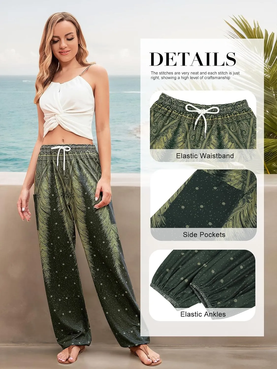 QIANXIZHAN Women's Harem Pants, Hippie Palazzo Pants Boho Joggers Yoga Clothes with Pockets