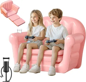 QPAU Inflatable Couch, Extra Wide 2-in-1 Toddler Couch Fold Out with Plush, Convertible Kids Couchs to Lounger for Baby Boys Girls, Portable Sleeper Sofa for Home Camping Travel