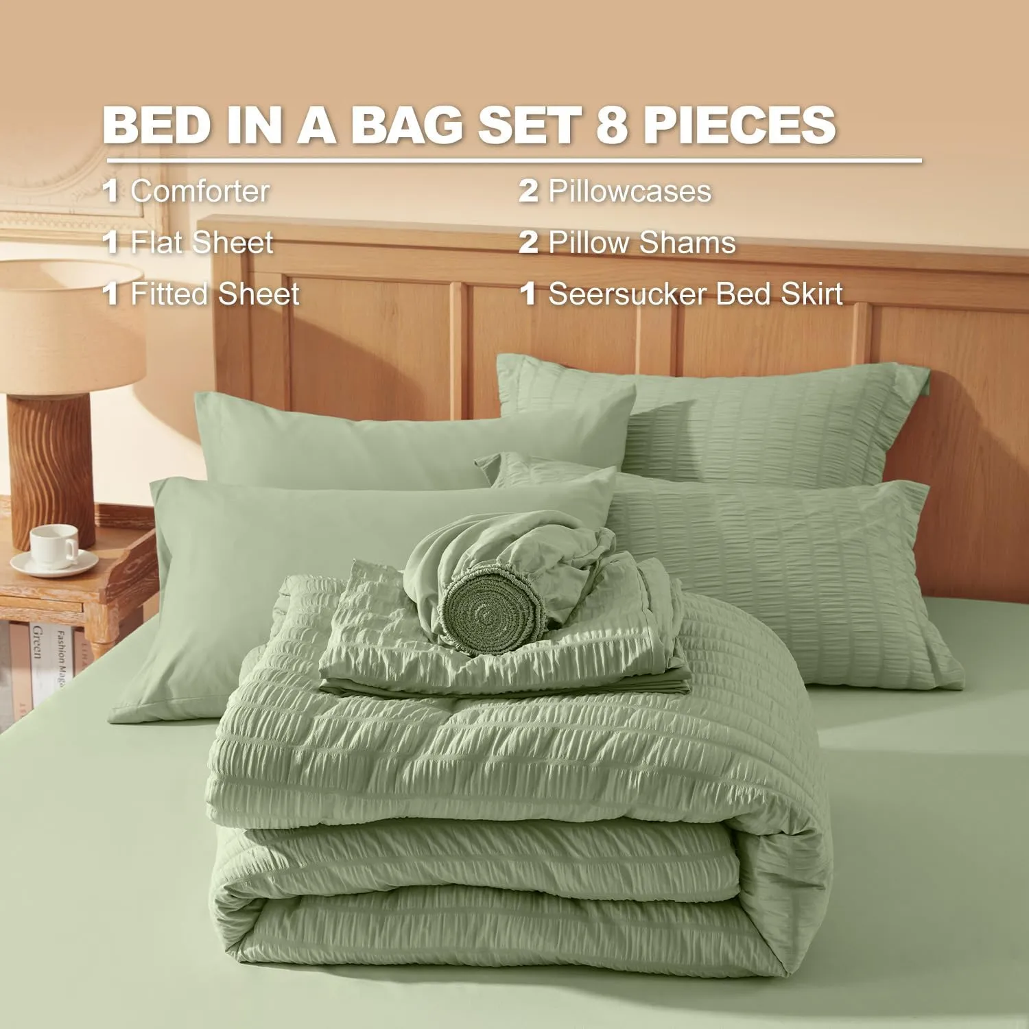 Queen Comforter Set 8 Pieces, Seersucker Bed in a Bag Queen, Sage Green Comforter with Sheets, Comforters Queen Size Bedding Sets with Comforter, Sheets, Pillowcase & Sham and Bed Skirt
