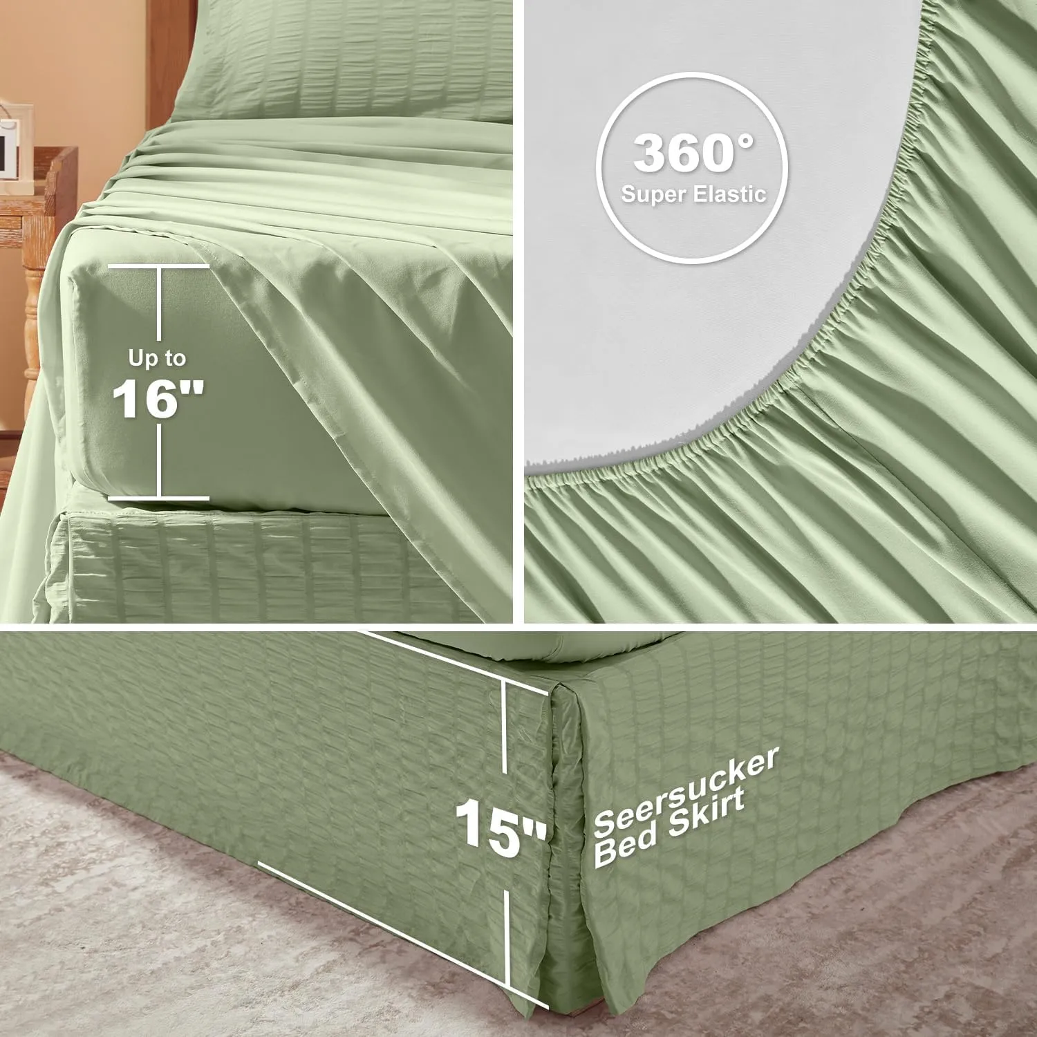 Queen Comforter Set 8 Pieces, Seersucker Bed in a Bag Queen, Sage Green Comforter with Sheets, Comforters Queen Size Bedding Sets with Comforter, Sheets, Pillowcase & Sham and Bed Skirt