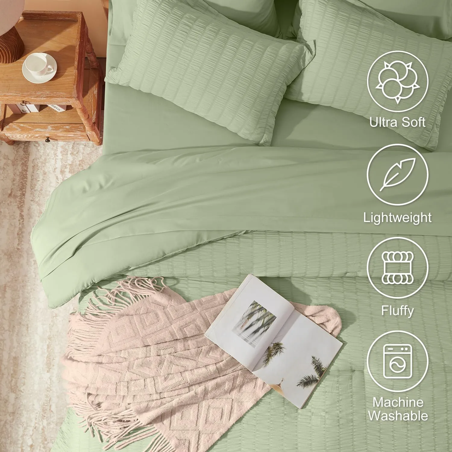 Queen Comforter Set 8 Pieces, Seersucker Bed in a Bag Queen, Sage Green Comforter with Sheets, Comforters Queen Size Bedding Sets with Comforter, Sheets, Pillowcase & Sham and Bed Skirt