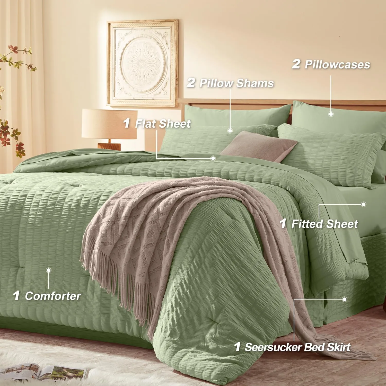 Queen Comforter Set 8 Pieces, Seersucker Bed in a Bag Queen, Sage Green Comforter with Sheets, Comforters Queen Size Bedding Sets with Comforter, Sheets, Pillowcase & Sham and Bed Skirt