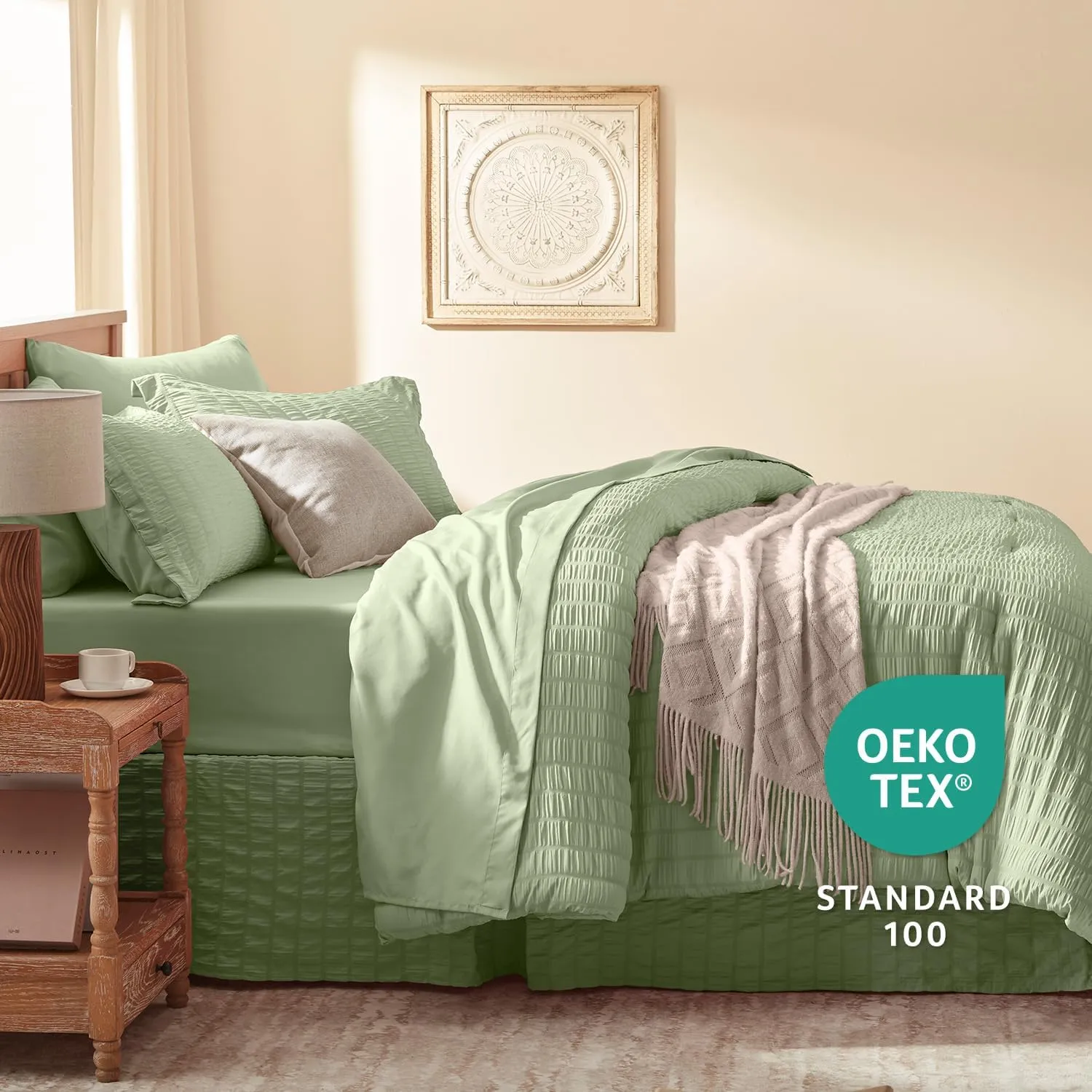 Queen Comforter Set 8 Pieces, Seersucker Bed in a Bag Queen, Sage Green Comforter with Sheets, Comforters Queen Size Bedding Sets with Comforter, Sheets, Pillowcase & Sham and Bed Skirt