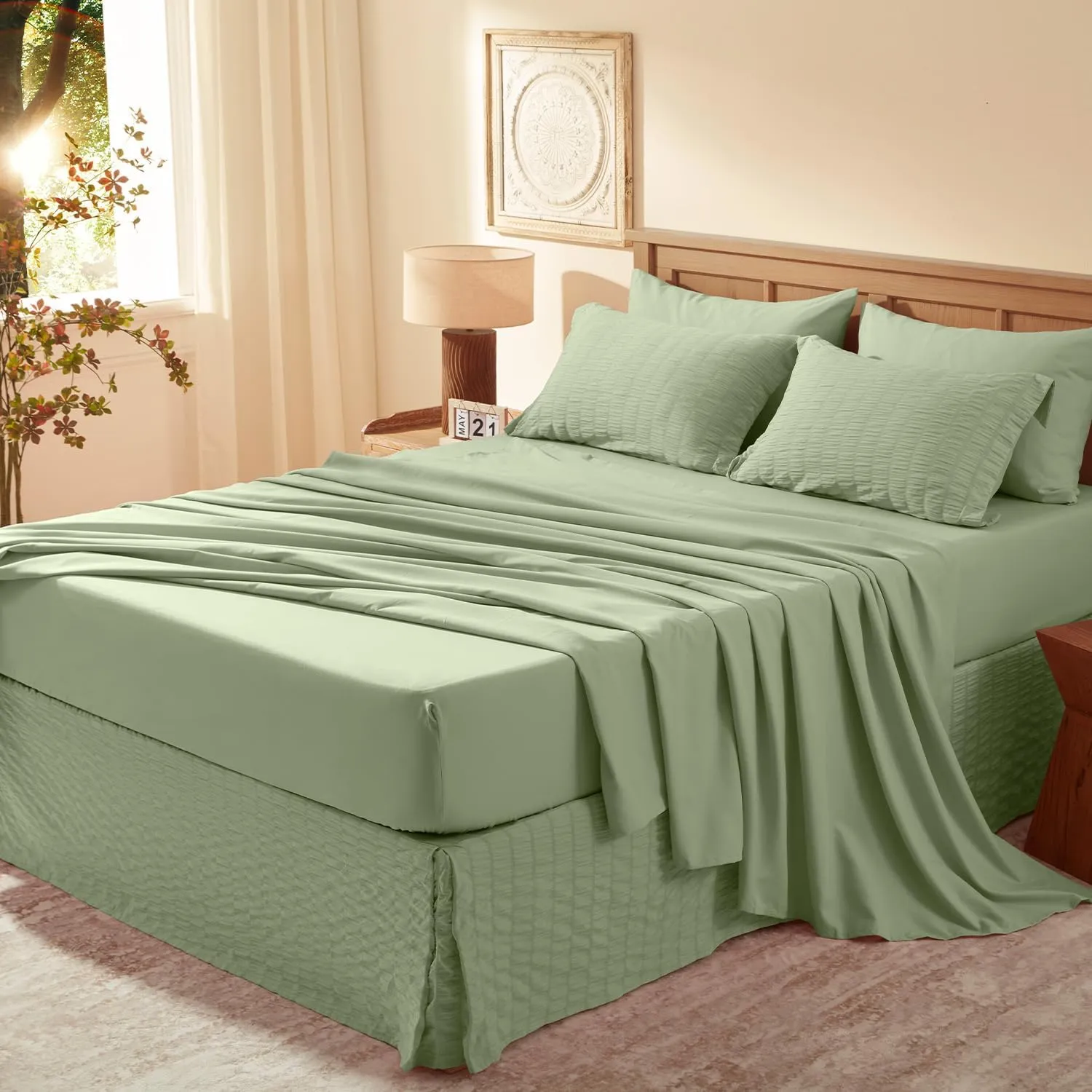 Queen Comforter Set 8 Pieces, Seersucker Bed in a Bag Queen, Sage Green Comforter with Sheets, Comforters Queen Size Bedding Sets with Comforter, Sheets, Pillowcase & Sham and Bed Skirt