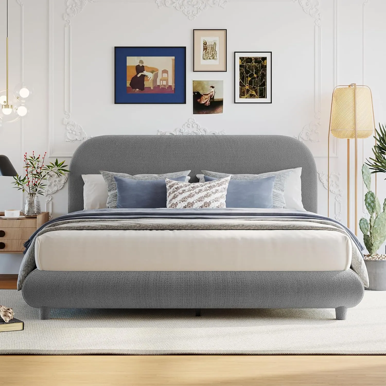 Queen Size Teddy Fleece Upholstered Platform Bed with Thick Fabric and Curve-Shaped Design,Bed Frame W/Headboard,Footboard & Side Rails,for Bedroom,Apartment,Guest Room,Gray
