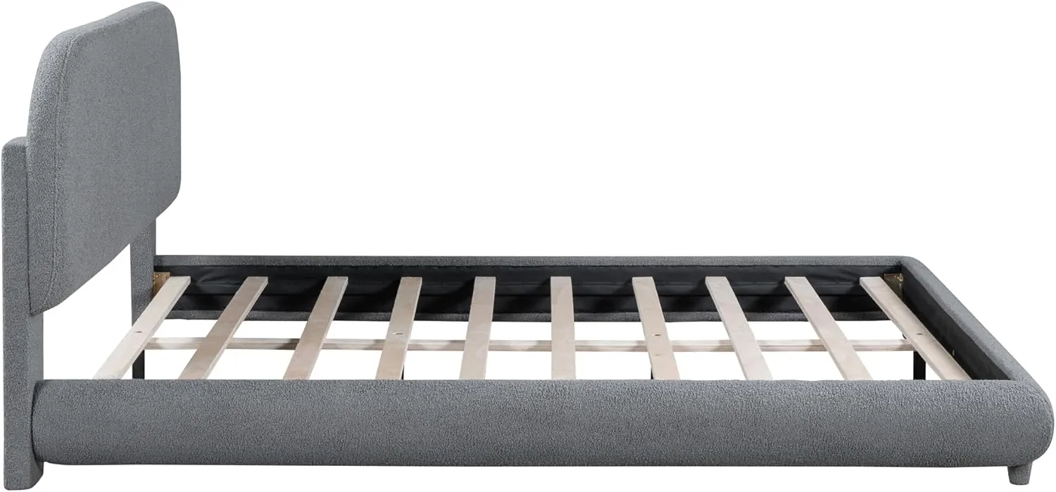 Queen Size Teddy Fleece Upholstered Platform Bed with Thick Fabric and Curve-Shaped Design,Bed Frame W/Headboard,Footboard & Side Rails,for Bedroom,Apartment,Guest Room,Gray
