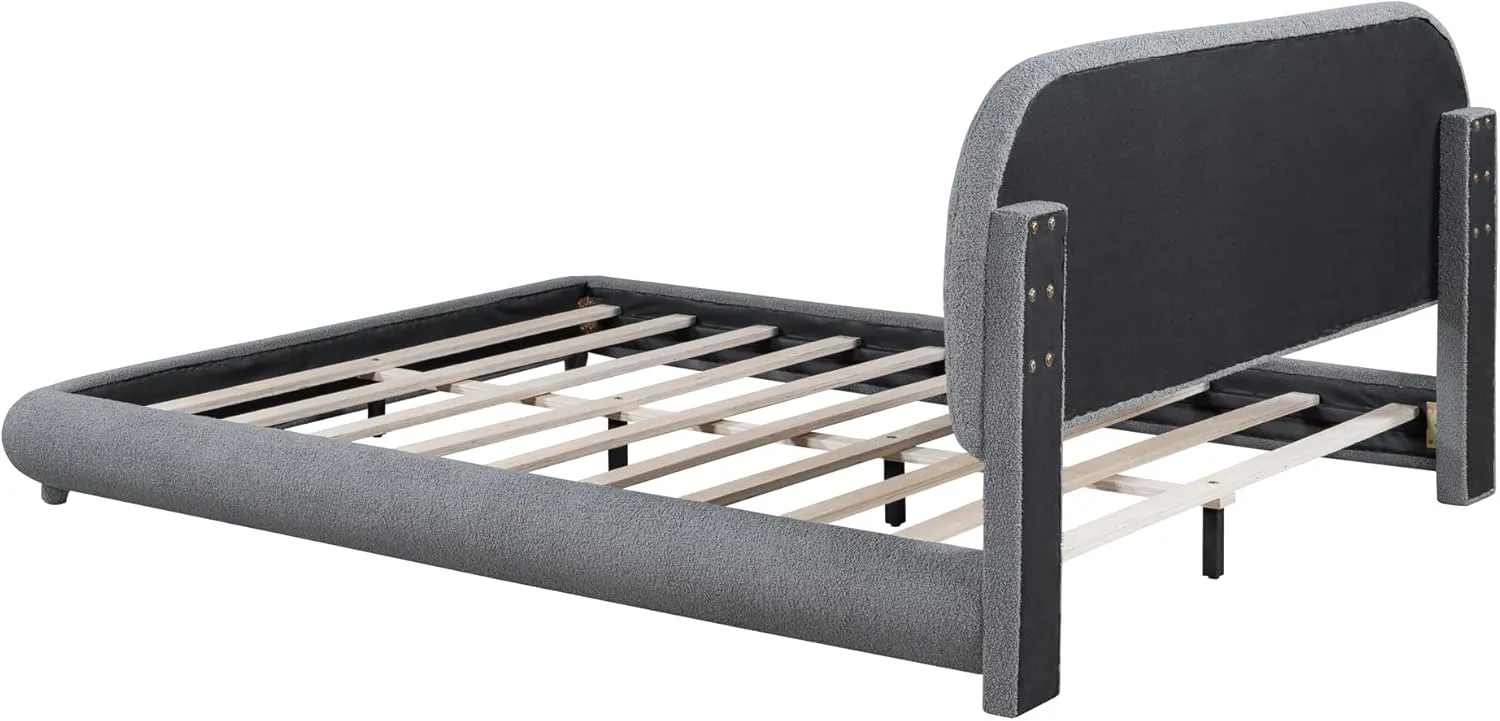 Queen Size Teddy Fleece Upholstered Platform Bed with Thick Fabric and Curve-Shaped Design,Bed Frame W/Headboard,Footboard & Side Rails,for Bedroom,Apartment,Guest Room,Gray
