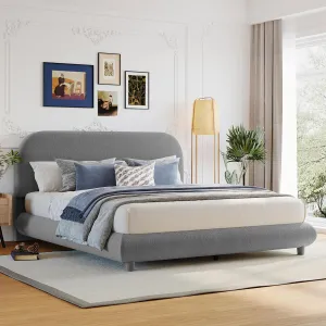 Queen Size Teddy Fleece Upholstered Platform Bed with Thick Fabric and Curve-Shaped Design,Bed Frame W/Headboard,Footboard & Side Rails,for Bedroom,Apartment,Guest Room,Gray