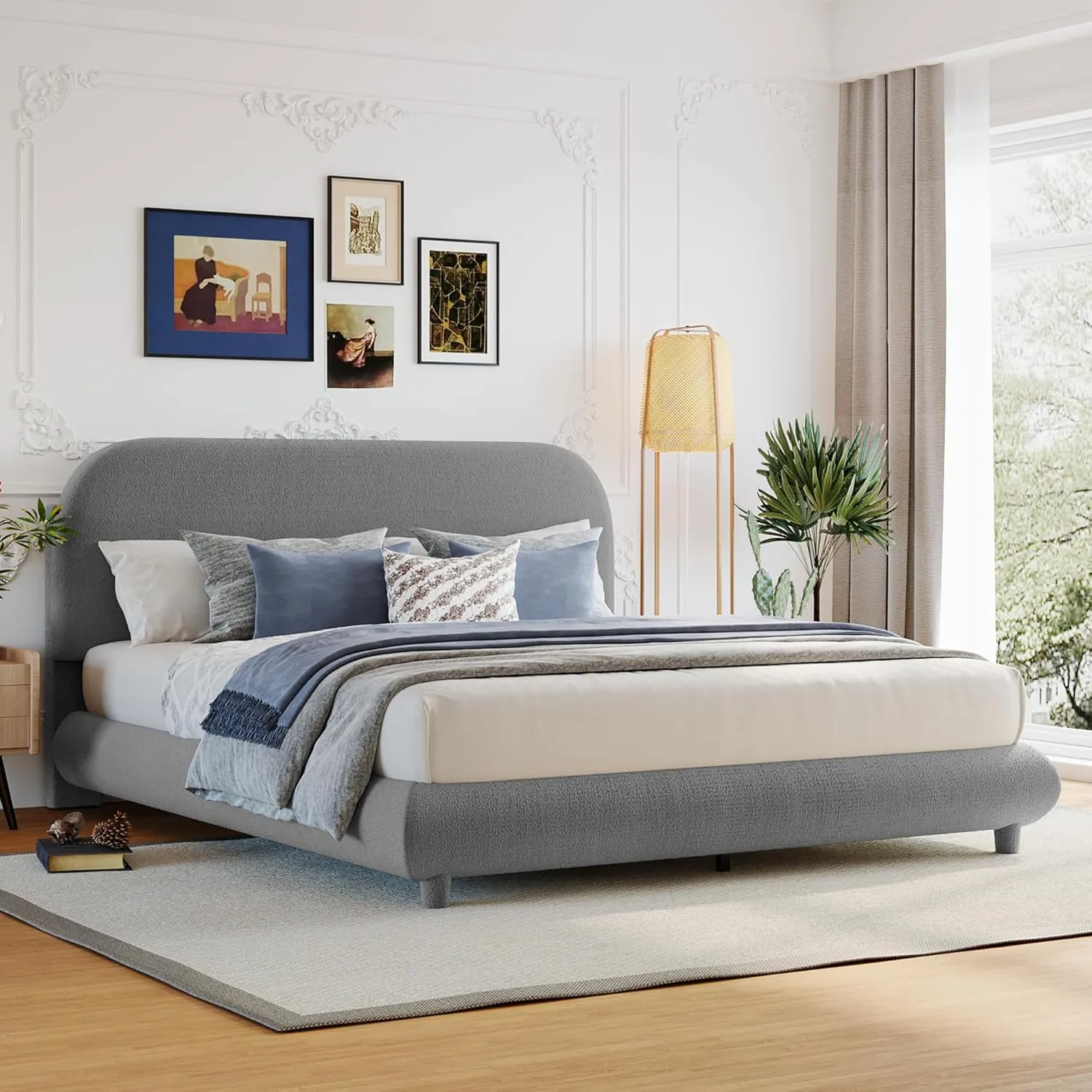 Queen Size Teddy Fleece Upholstered Platform Bed with Thick Fabric and Curve-Shaped Design,Bed Frame W/Headboard,Footboard & Side Rails,for Bedroom,Apartment,Guest Room,Gray