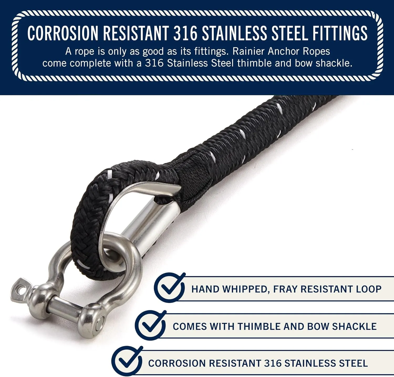 RainierSupplyCo Boat Anchor Rope - Double Braided Marine Rope Anchor Line - 100/150 / 200/300 ft Nylon Boating Line with 316 Stainless Steel Thimble and Heavy Duty Marine Grade