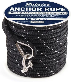 RainierSupplyCo Boat Anchor Rope - Double Braided Marine Rope Anchor Line - 100/150 / 200/300 ft Nylon Boating Line with 316 Stainless Steel Thimble and Heavy Duty Marine Grade