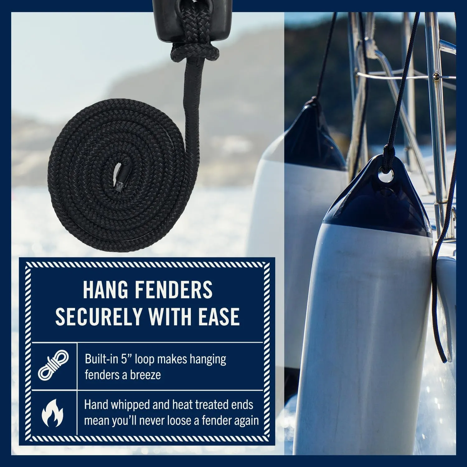 RainierSupplyCo Boat Fender Lines - 2 Pack Bumper Rope Dock Lines - 6' x 3/8" Premium Double Braided Nylon Boating Ropes for Docking with 5" Loop - Mooring Ties & Boat Accessories - Black