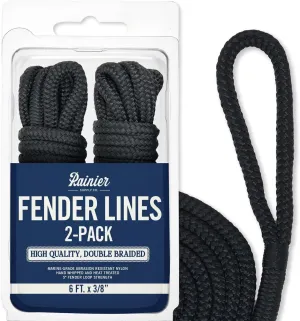 RainierSupplyCo Boat Fender Lines - 2 Pack Bumper Rope Dock Lines - 6' x 3/8" Premium Double Braided Nylon Boating Ropes for Docking with 5" Loop - Mooring Ties & Boat Accessories - Black