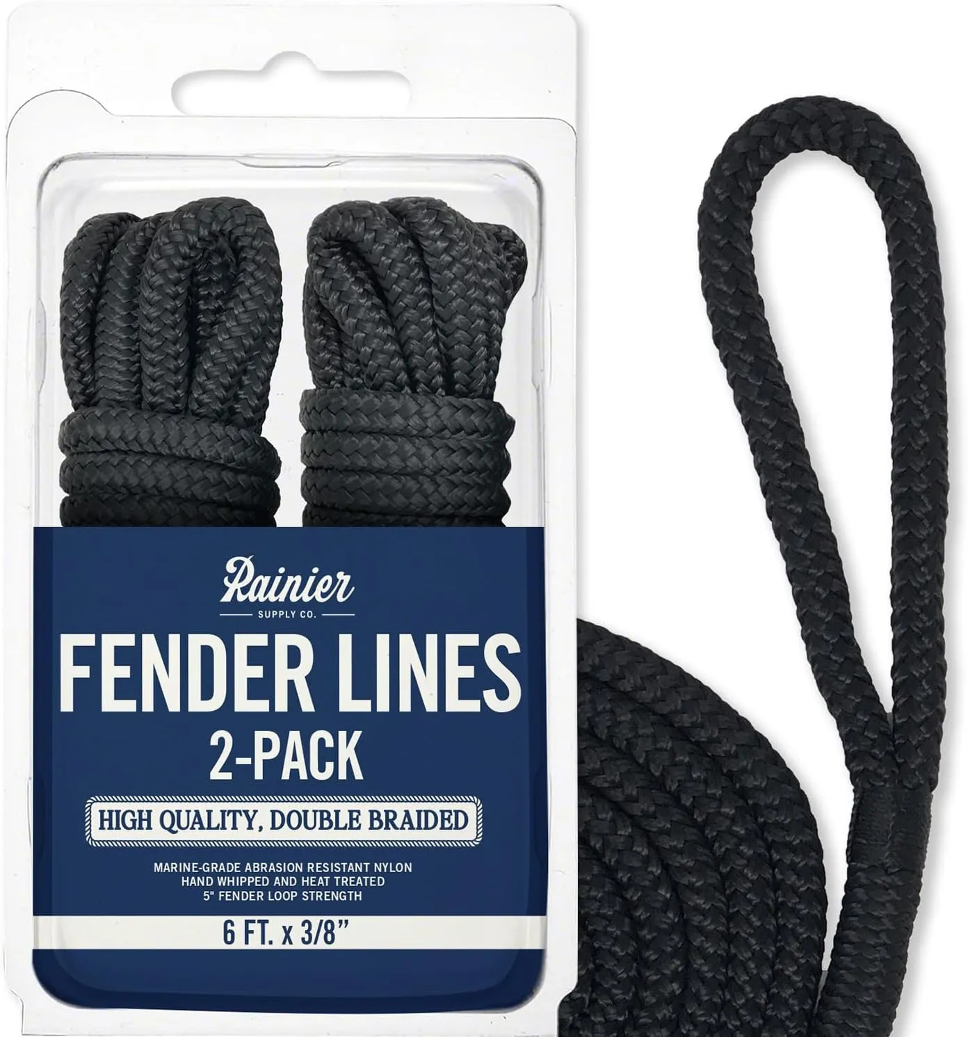 RainierSupplyCo Boat Fender Lines - 2 Pack Bumper Rope Dock Lines - 6' x 3/8" Premium Double Braided Nylon Boating Ropes for Docking with 5" Loop - Mooring Ties & Boat Accessories - Black