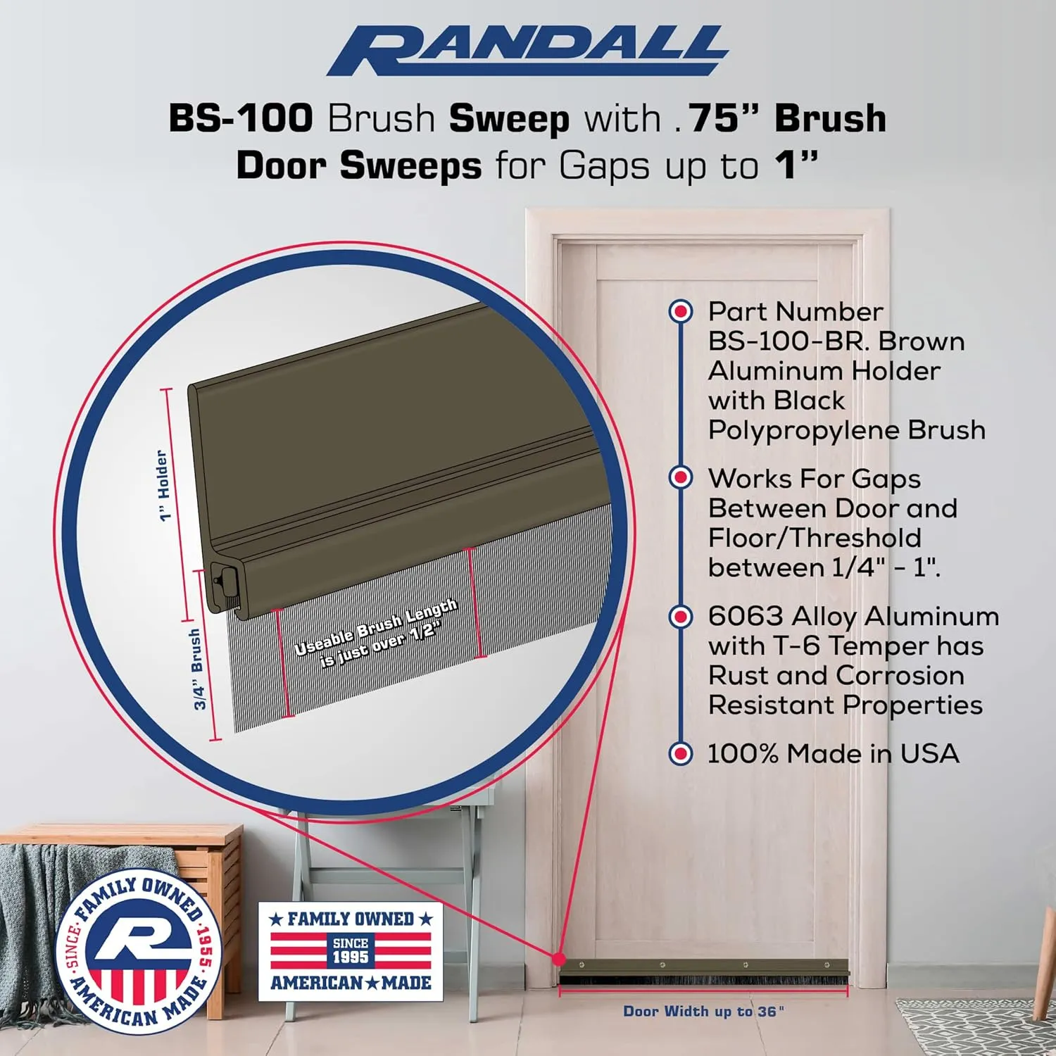 Randall Manufacturing Co., Inc | Door Sweeps – Aluminum & Brush | Brush Sweeps for Gaps Up to 1” | Brown Trim with Black Brush | 3 Feet | 3/4" Brush | Fill Gaps & Keep Unwanted Debris Out