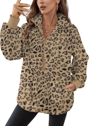 Rapbin Women Half Zip Pullover Long Sleeve Casual Fuzzy Sherpa Fleece Jacket Sweatshirts Winter Outerwear Top with Pockets