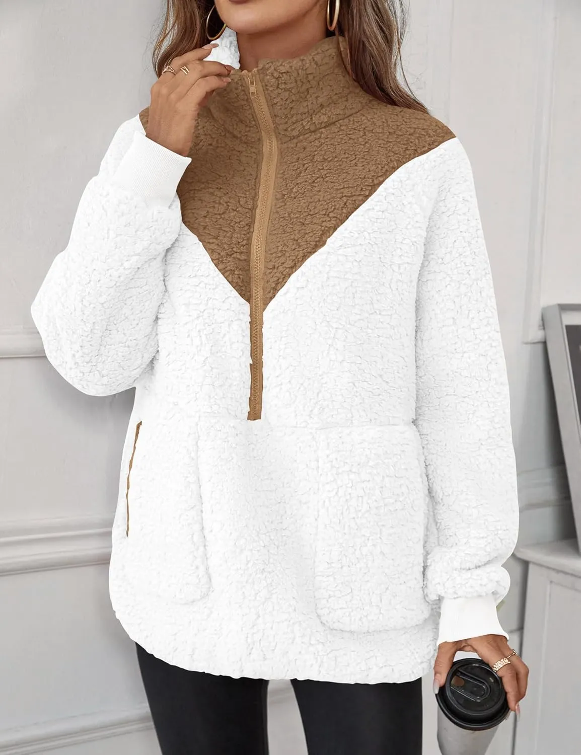 Rapbin Women Half Zip Pullover Long Sleeve Casual Fuzzy Sherpa Fleece Jacket Sweatshirts Winter Outerwear Top with Pockets