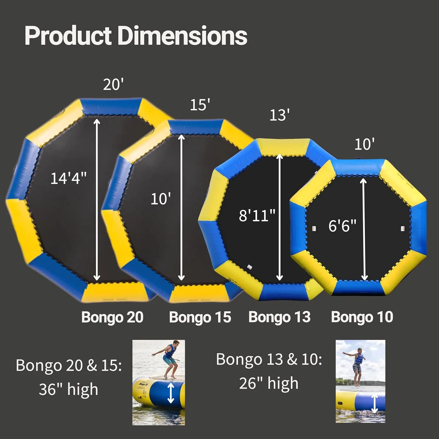 RAVE Sports Inflatable Bongo Water Bouncer, 10FT / 13FT / 15FT / 20FT, Recreational Water Trampoline with Ladder