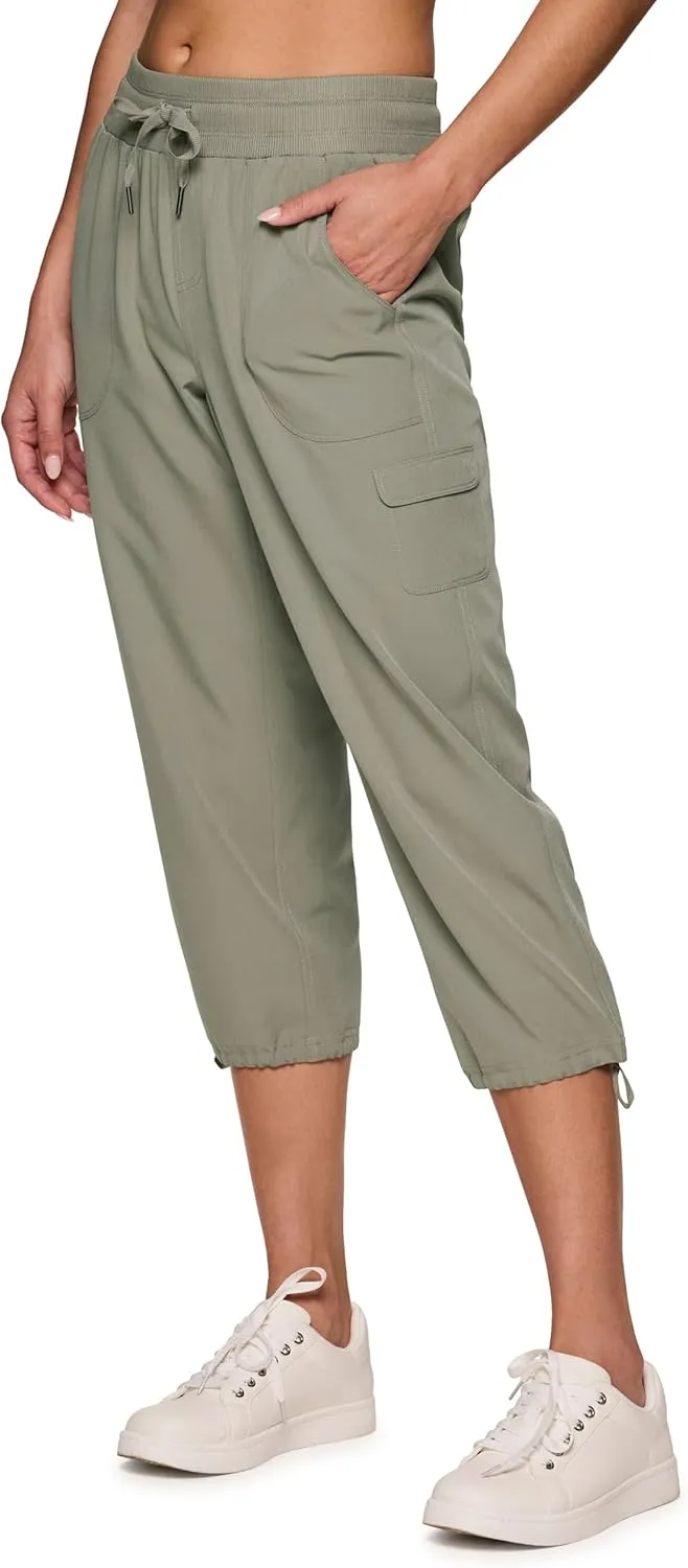 RBX Active Women's Cargo Capri Pant with Pockets Fashion Lightweight Woven with Drawstring