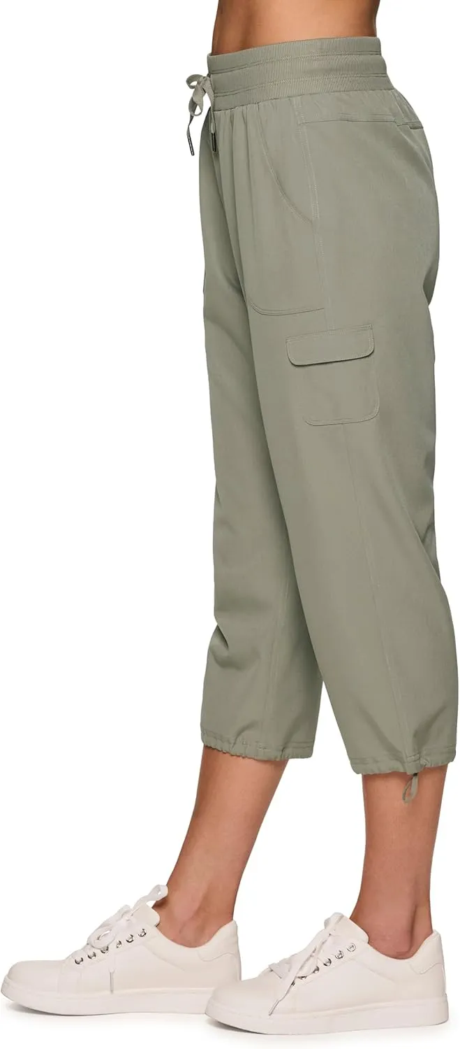 RBX Active Women's Cargo Capri Pant with Pockets Fashion Lightweight Woven with Drawstring