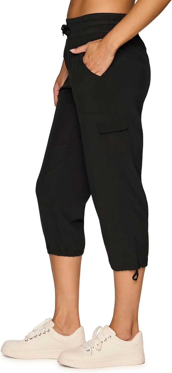 RBX Active Women's Cargo Capri Pant with Pockets Fashion Lightweight Woven with Drawstring
