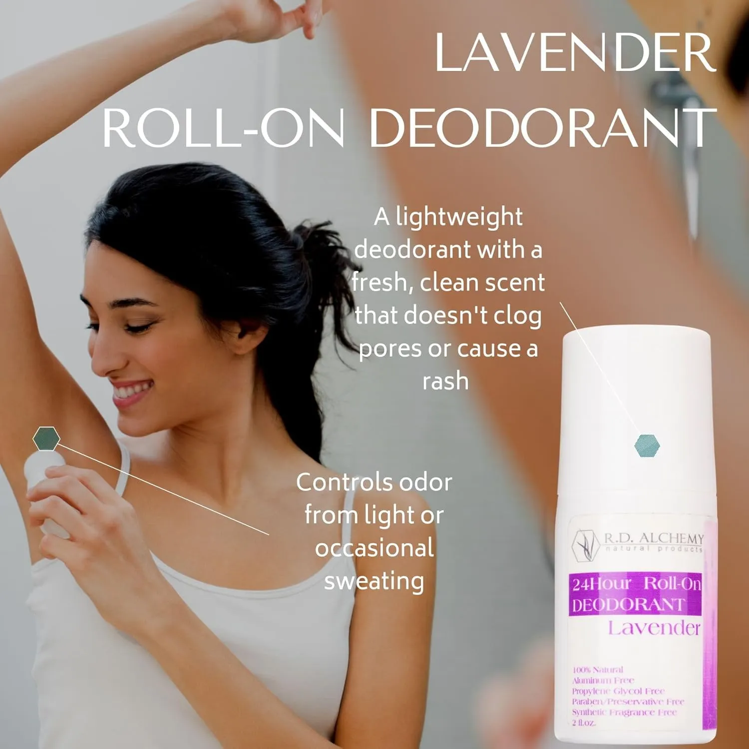 RD ALCHEMY - LAVENDER - Best 100% Natural & Organic Roll-On Deodorant. Free of Aluminum, Baking Soda, Parabens, Synthetic Fragrance, Propylene Glycol! - Get Fresh Today!