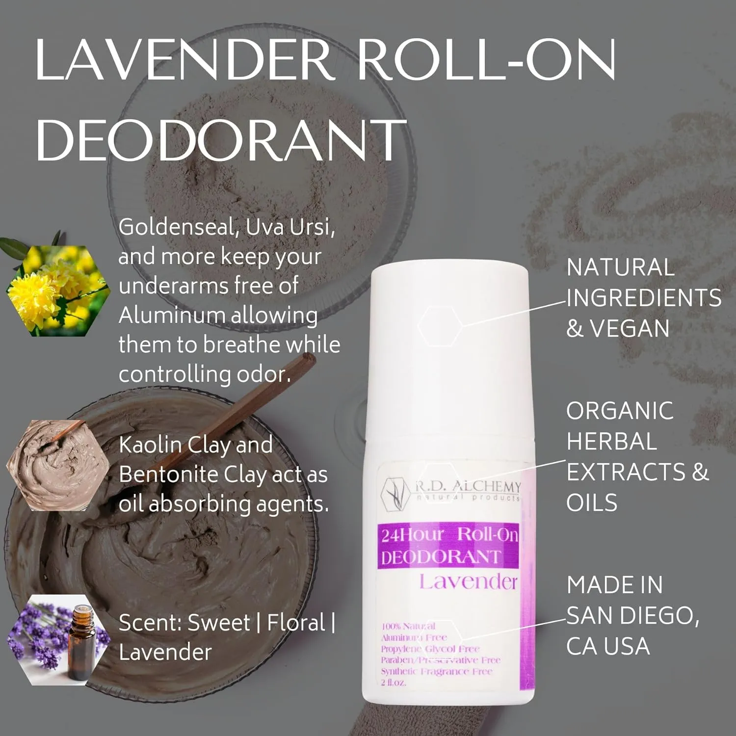 RD ALCHEMY - LAVENDER - Best 100% Natural & Organic Roll-On Deodorant. Free of Aluminum, Baking Soda, Parabens, Synthetic Fragrance, Propylene Glycol! - Get Fresh Today!