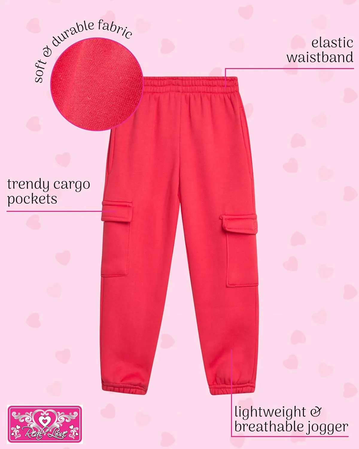 Real Love Girls’ Sweatpants – 4 Pack Active Basic Fleece Cargo Jogpants, Joggers or Flares (5-16)