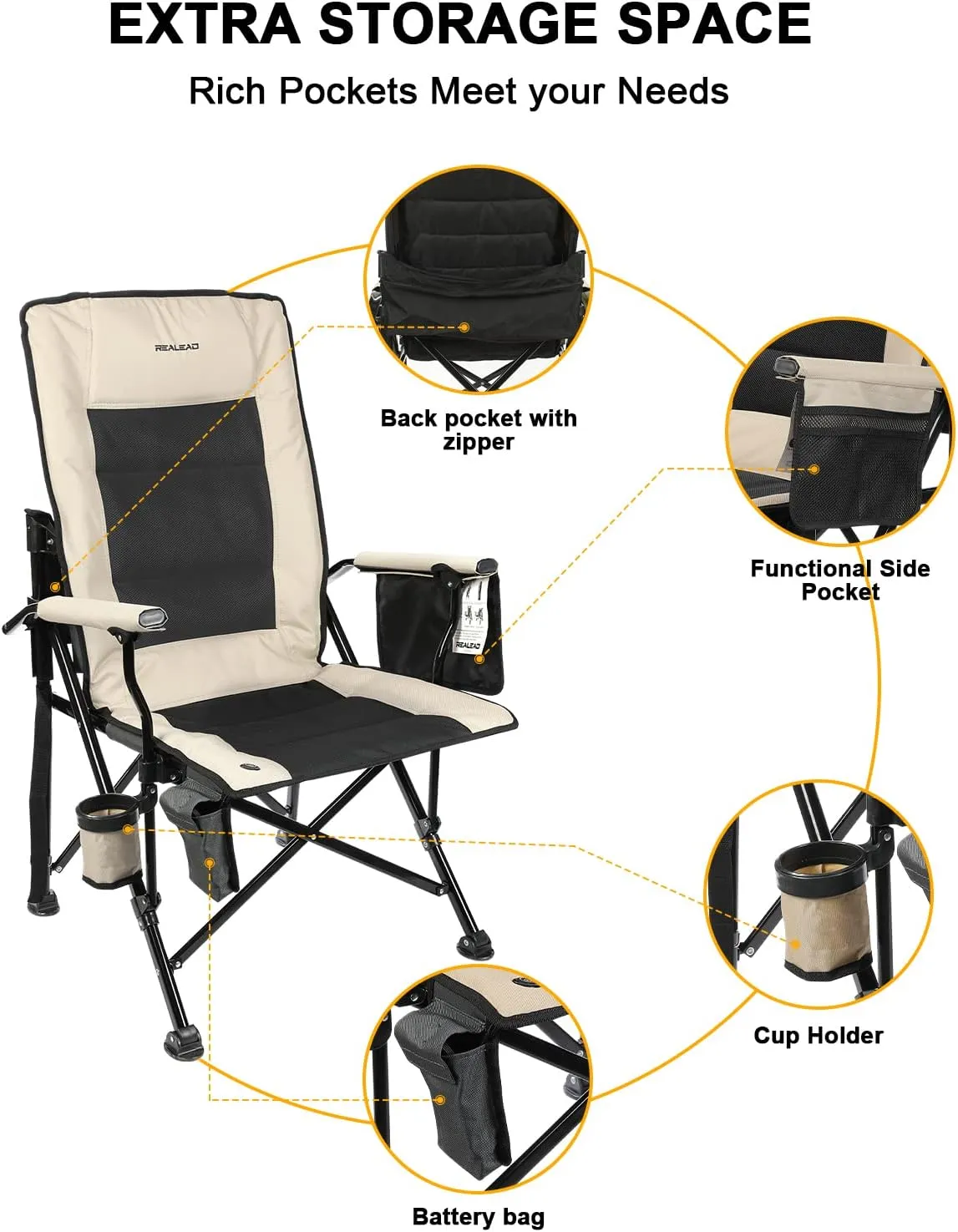 REALEAD Heated Camping Chairs - Fully Padded - Heavy Duty Folding Chairs for Outside, Supports 400 lbs, Portable Outdoor Camp Chairs for Sport Events, Concert, Beach