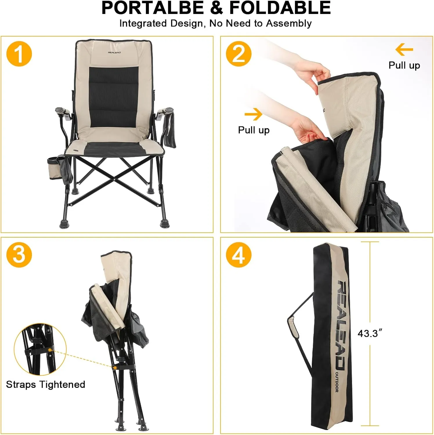 REALEAD Heated Camping Chairs - Fully Padded - Heavy Duty Folding Chairs for Outside, Supports 400 lbs, Portable Outdoor Camp Chairs for Sport Events, Concert, Beach