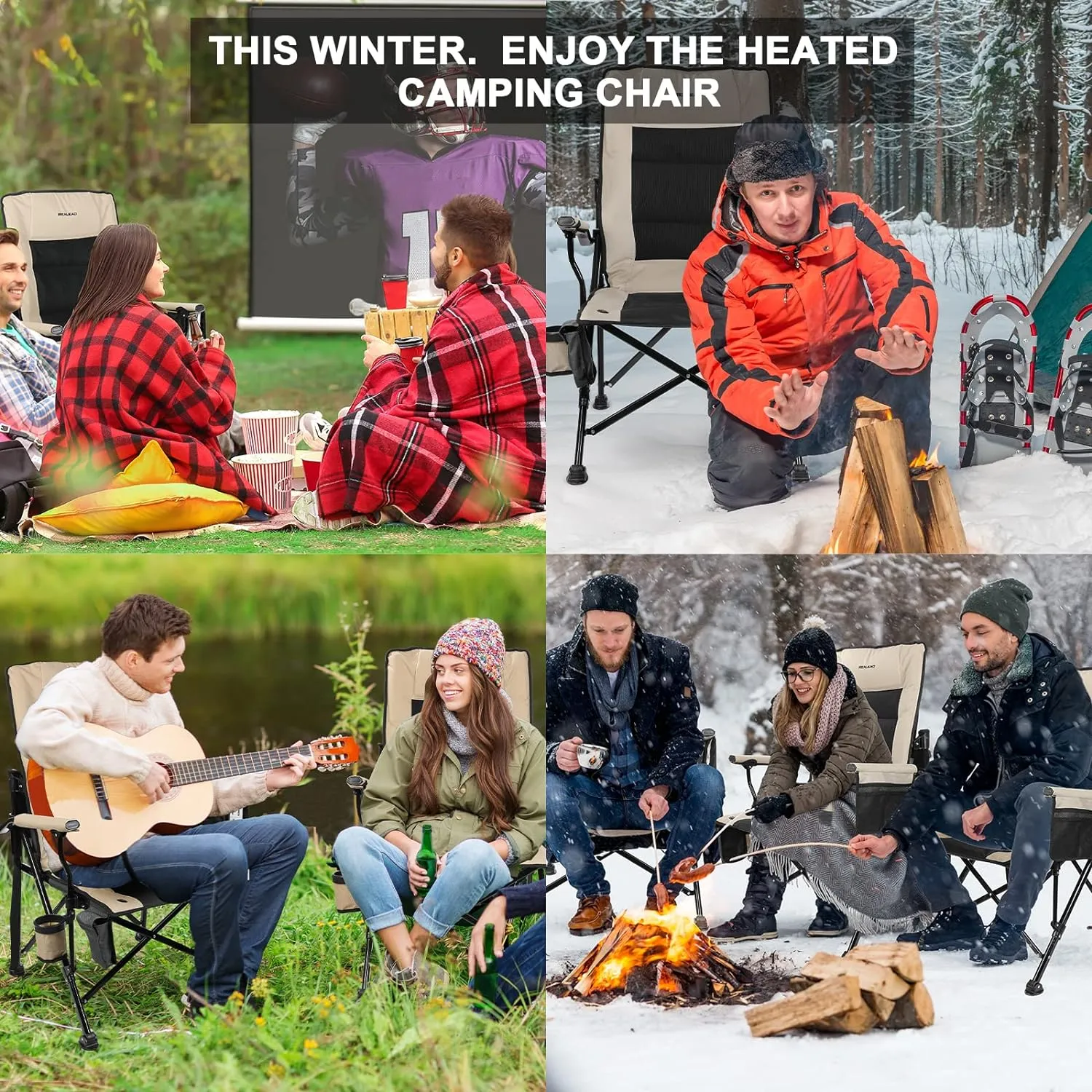 REALEAD Heated Camping Chairs - Fully Padded - Heavy Duty Folding Chairs for Outside, Supports 400 lbs, Portable Outdoor Camp Chairs for Sport Events, Concert, Beach