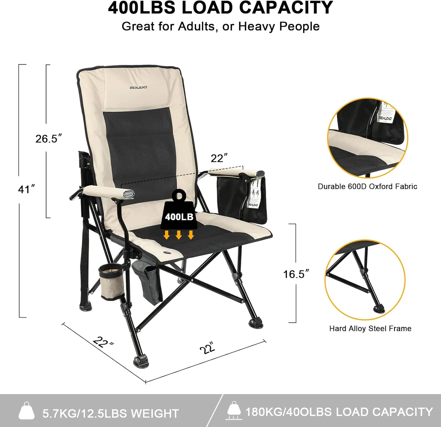 REALEAD Heated Camping Chairs - Fully Padded - Heavy Duty Folding Chairs for Outside, Supports 400 lbs, Portable Outdoor Camp Chairs for Sport Events, Concert, Beach