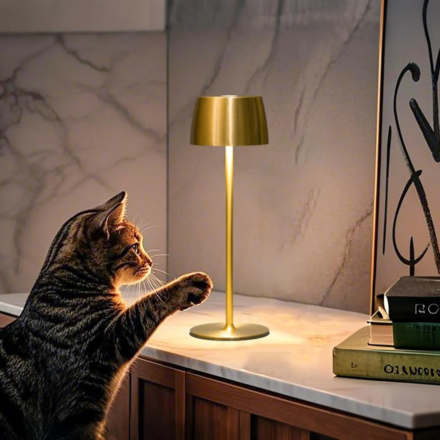 Rechargeable Cordless LED Table Lamp - Waterproof Portable Battery-Operated Indoor/Outdoor Lighting for Home, Kitchen, Desk, Patio, Party, Restaurant, Bar (1-Pack Gold)