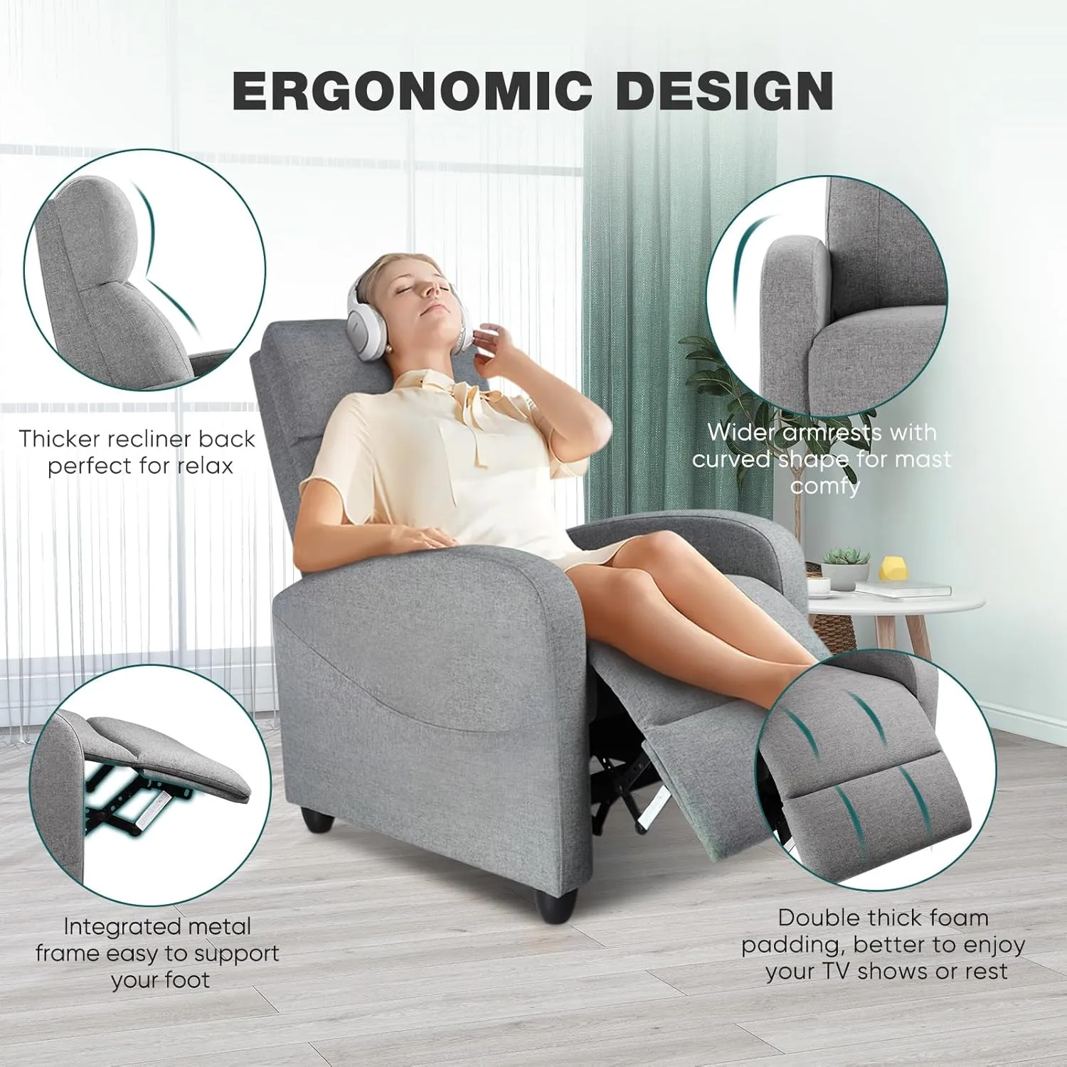Recliner Chair Living Room Recliner with Adjustable Backrest and Footrest Modern Design for Home Upholstered Armchair in Soft Fabric, Grey, Linen