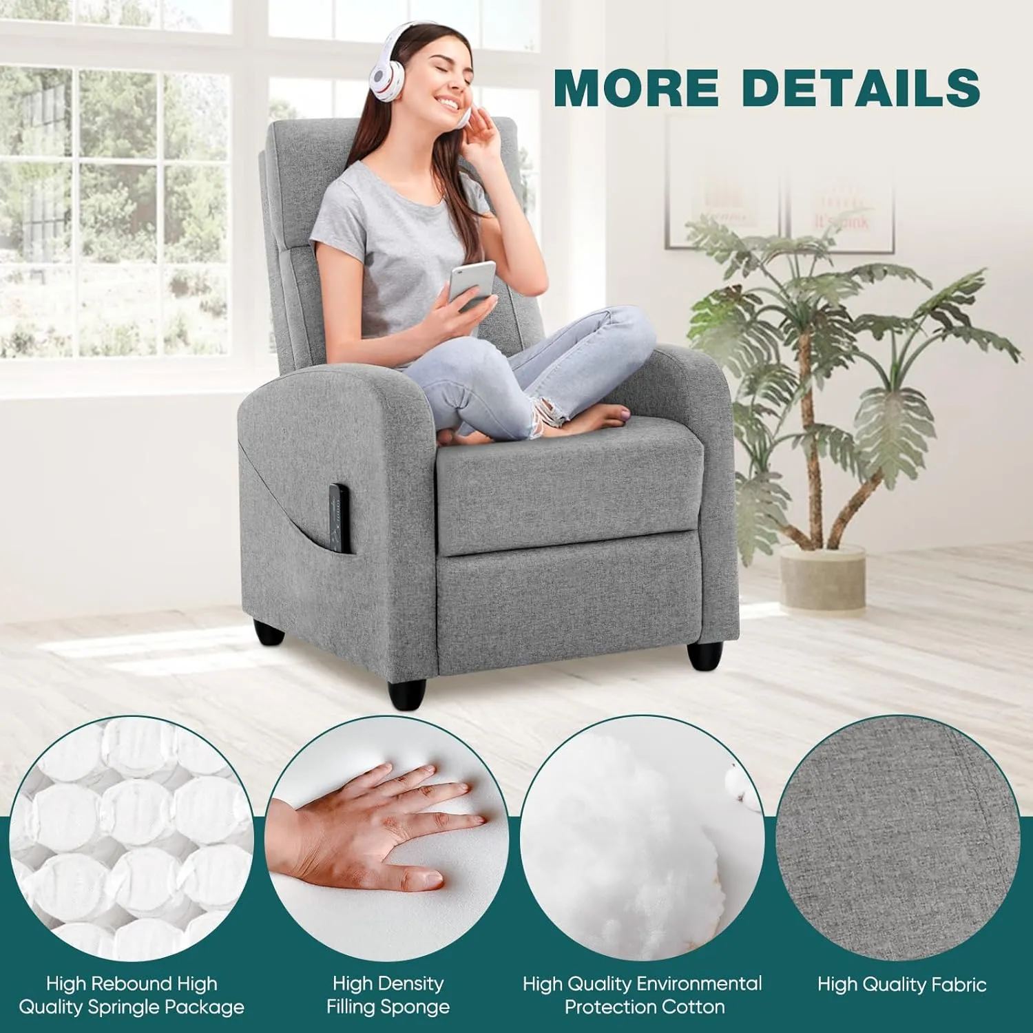 Recliner Chair Living Room Recliner with Adjustable Backrest and Footrest Modern Design for Home Upholstered Armchair in Soft Fabric, Grey, Linen