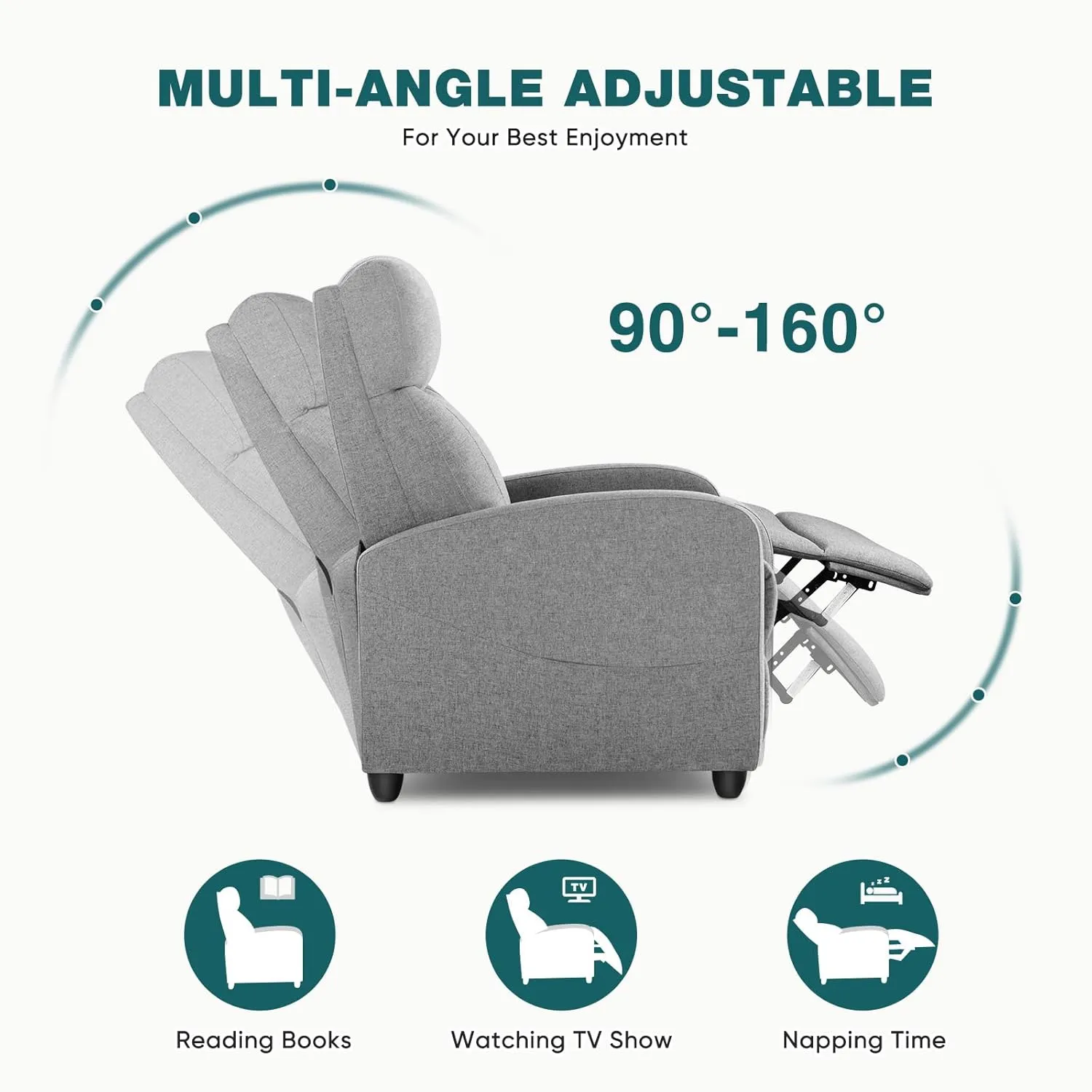 Recliner Chair Living Room Recliner with Adjustable Backrest and Footrest Modern Design for Home Upholstered Armchair in Soft Fabric, Grey, Linen