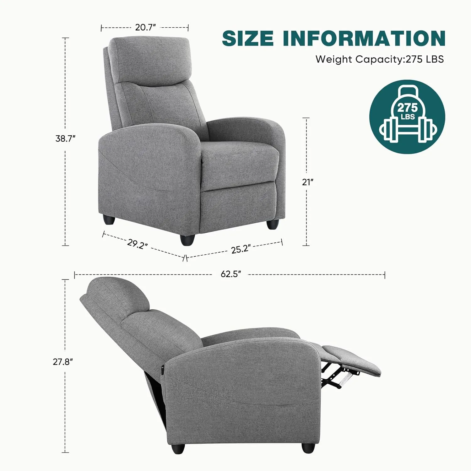 Recliner Chair Living Room Recliner with Adjustable Backrest and Footrest Modern Design for Home Upholstered Armchair in Soft Fabric, Grey, Linen