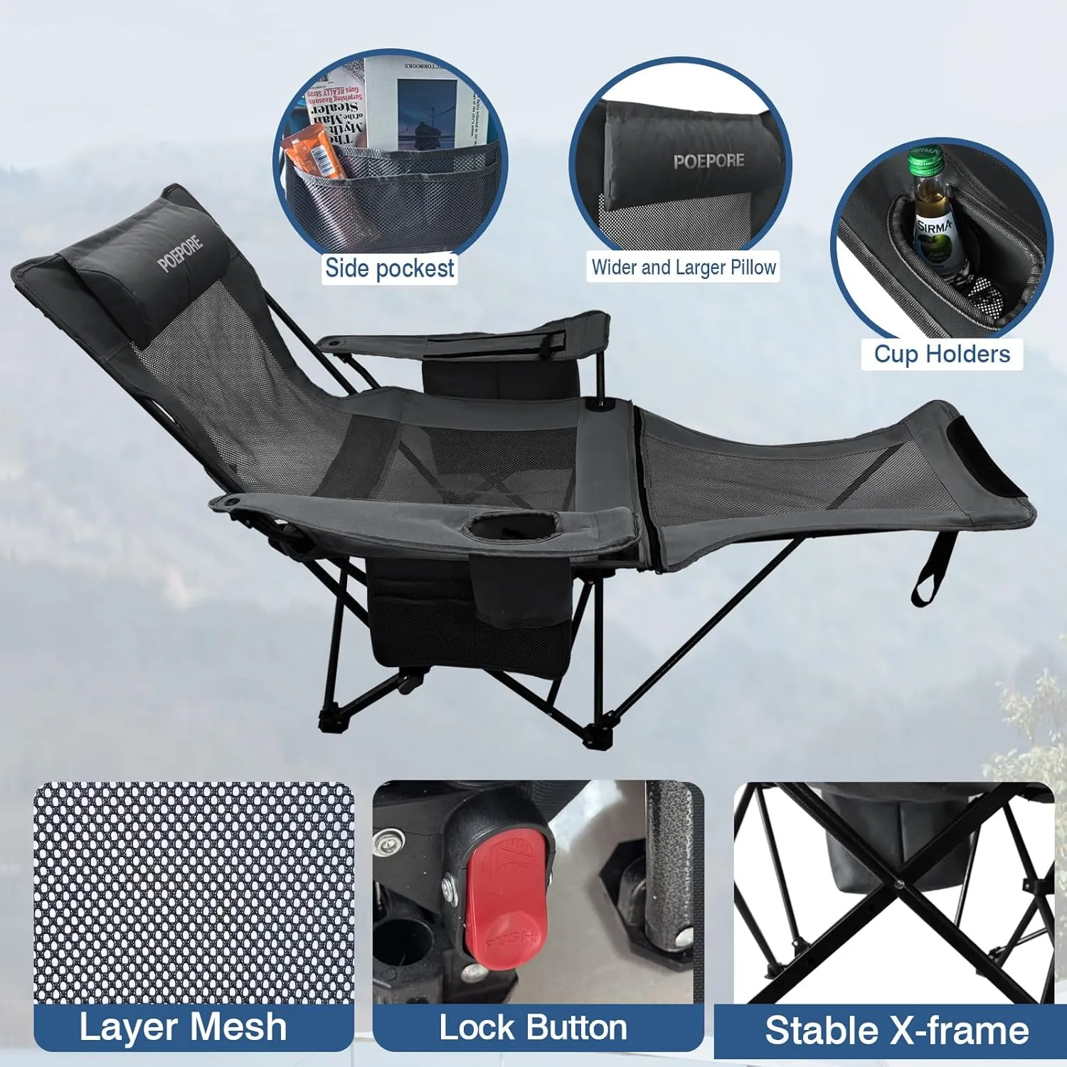 Reclining Camping Chair 4 Position with Foot Rest Comfortable for Adults 265Ibs Folding Lounger Mesh Beach Chair with Cooler Bag,Cotton Cushion and Cup Holder for Outdoor Patio