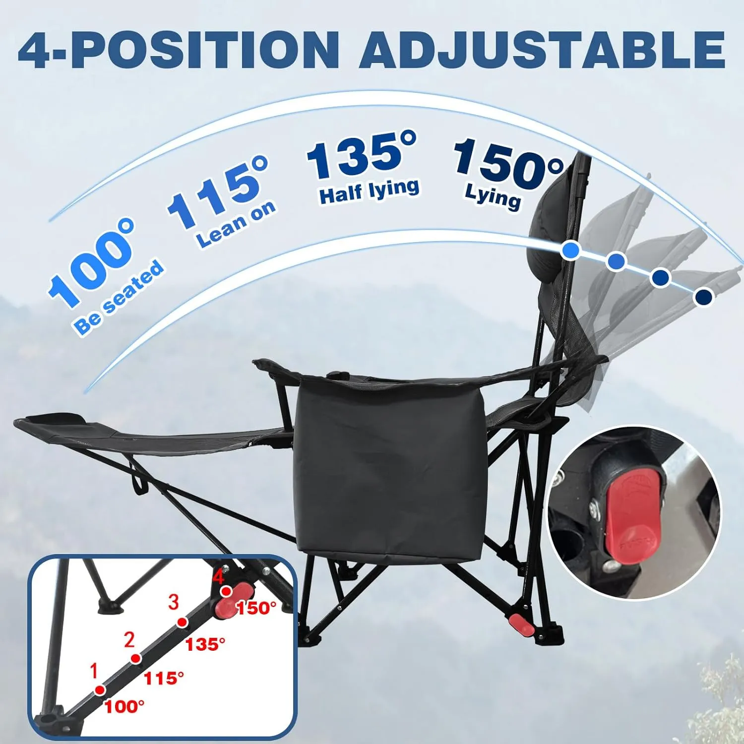 Reclining Camping Chair 4 Position with Foot Rest Comfortable for Adults 265Ibs Folding Lounger Mesh Beach Chair with Cooler Bag,Cotton Cushion and Cup Holder for Outdoor Patio