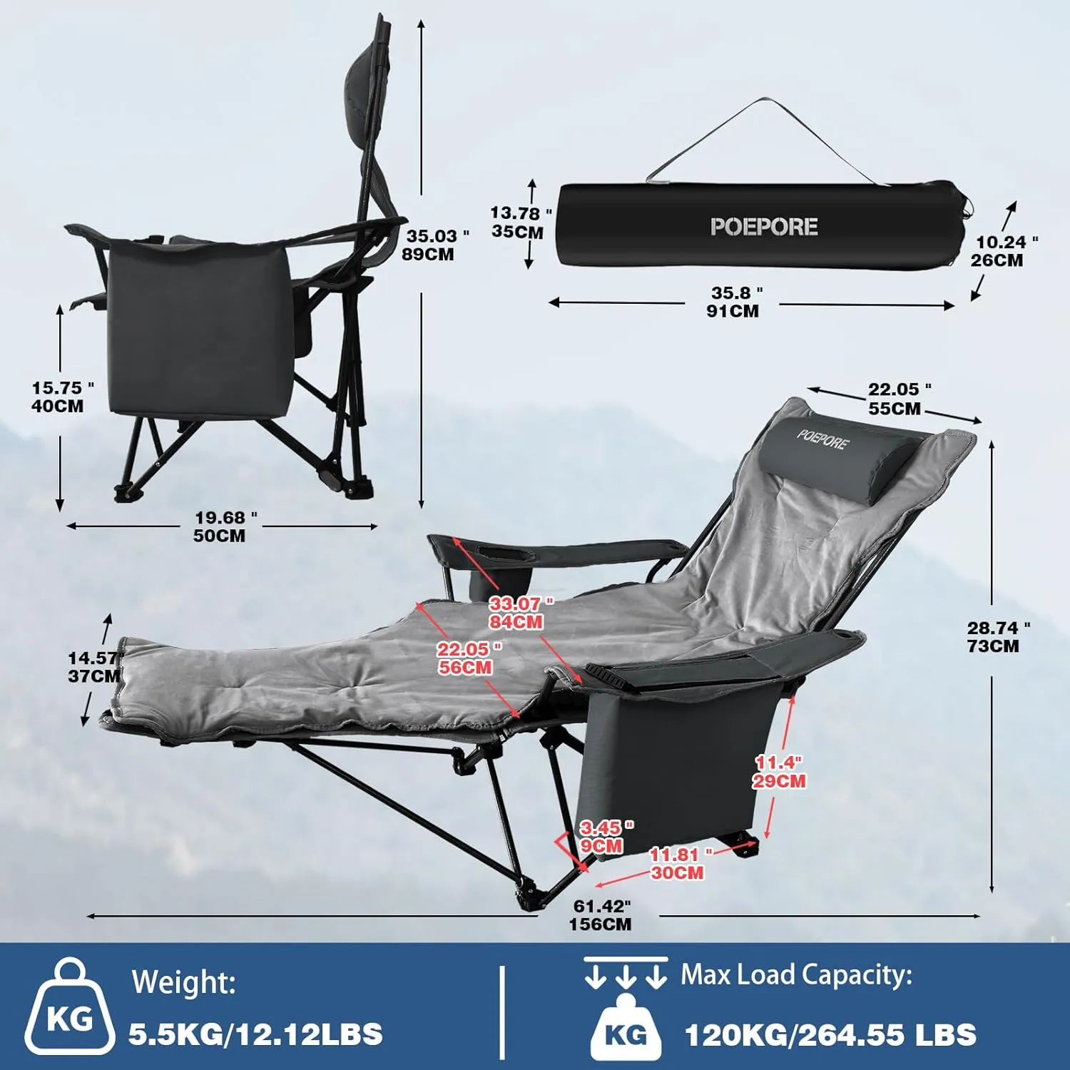 Reclining Camping Chair 4 Position with Foot Rest Comfortable for Adults 265Ibs Folding Lounger Mesh Beach Chair with Cooler Bag,Cotton Cushion and Cup Holder for Outdoor Patio