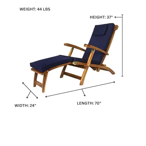 Reclining Chaise Lounge Steamer Teak Foldable Chair - Blue Cushions
